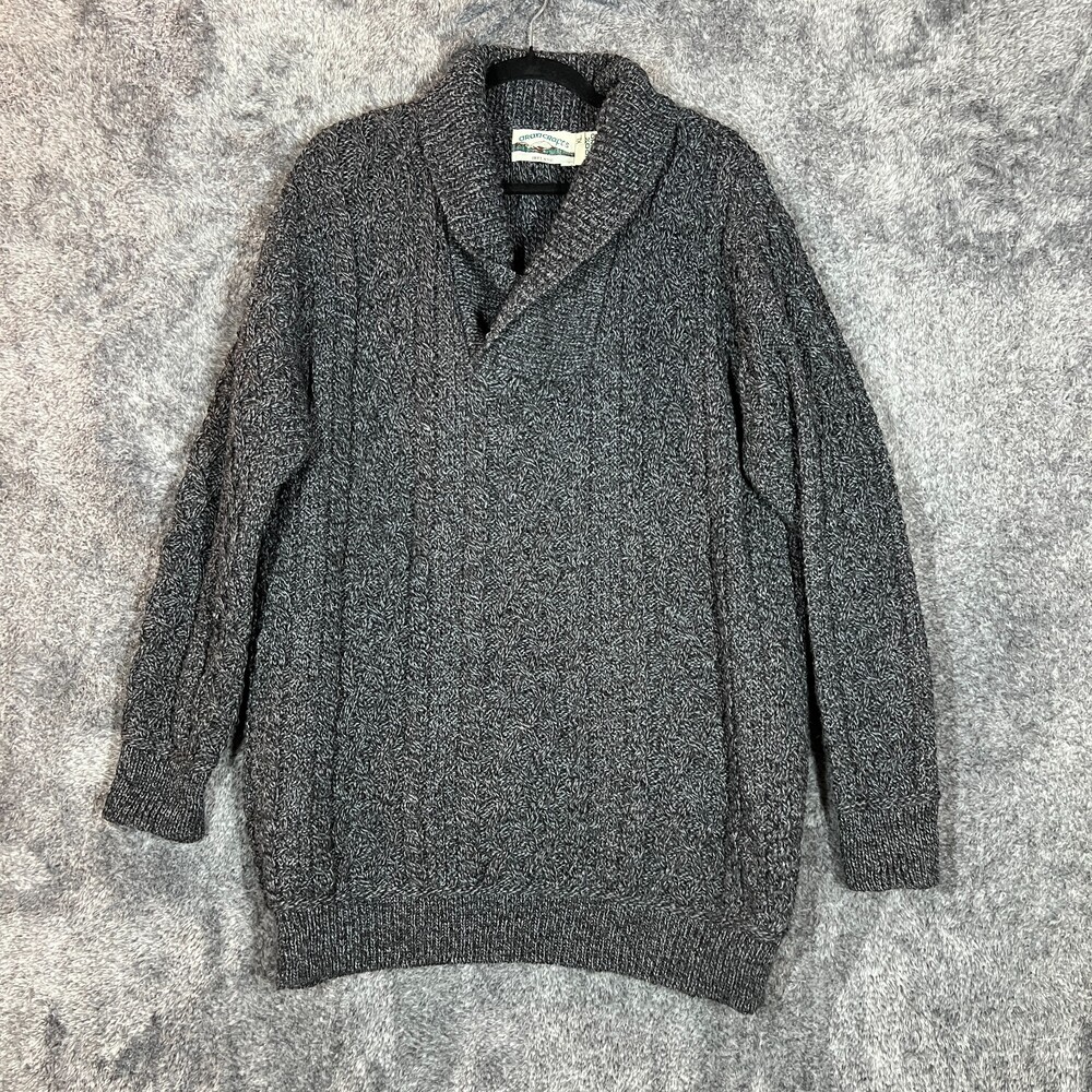Aran Crafts Sweater Mens XL Gray Fisherman Cable Knit Merino Wool Shawl Ireland